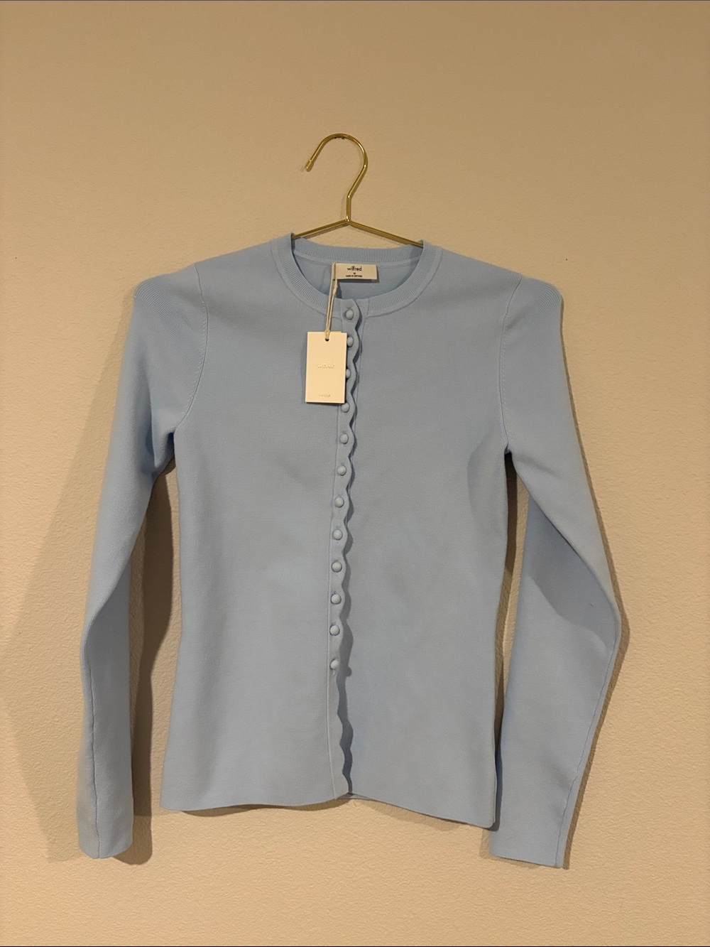 Aritzia NWT Scalloped Light Blue Women's Button-Front Knit Top